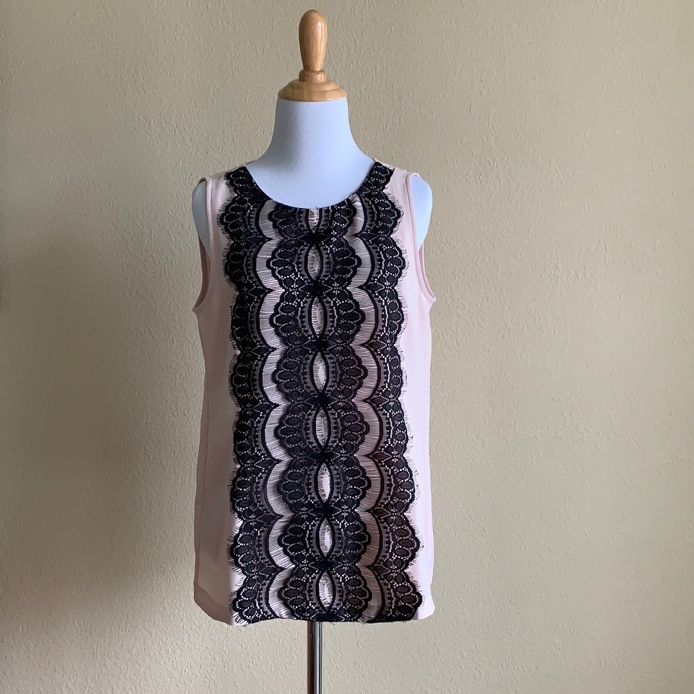 Ann Taylor Loft pink top black lace detail size S